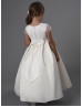 Cap Sleeves Beaded Satin Tea Length Wedding Flower Girl Dress 